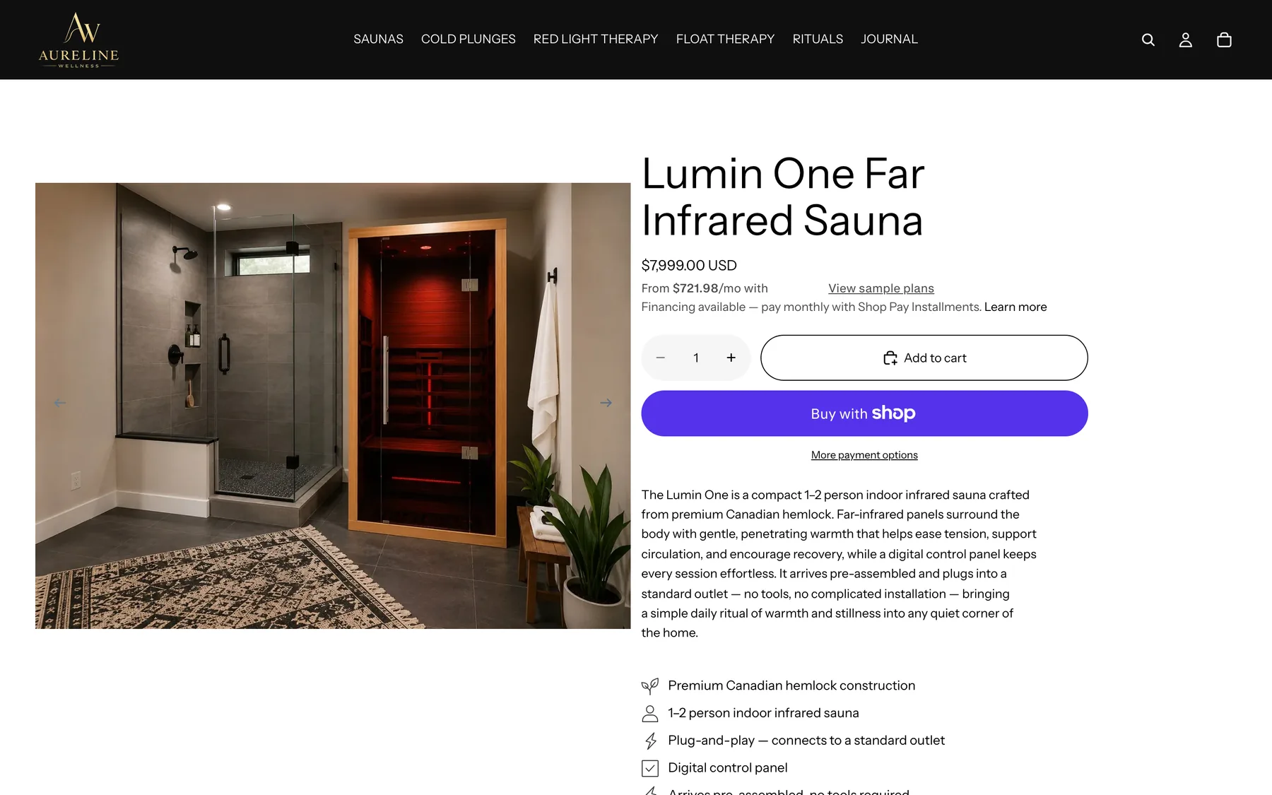 An infrared sauna product page